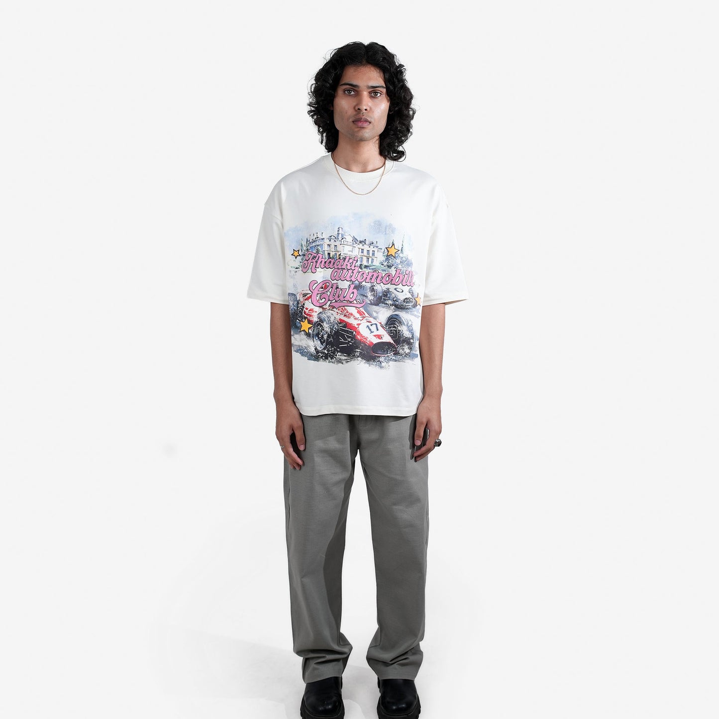 Khaaki Oversized T-shirt Off-White Flock Printed - The Automobili Club