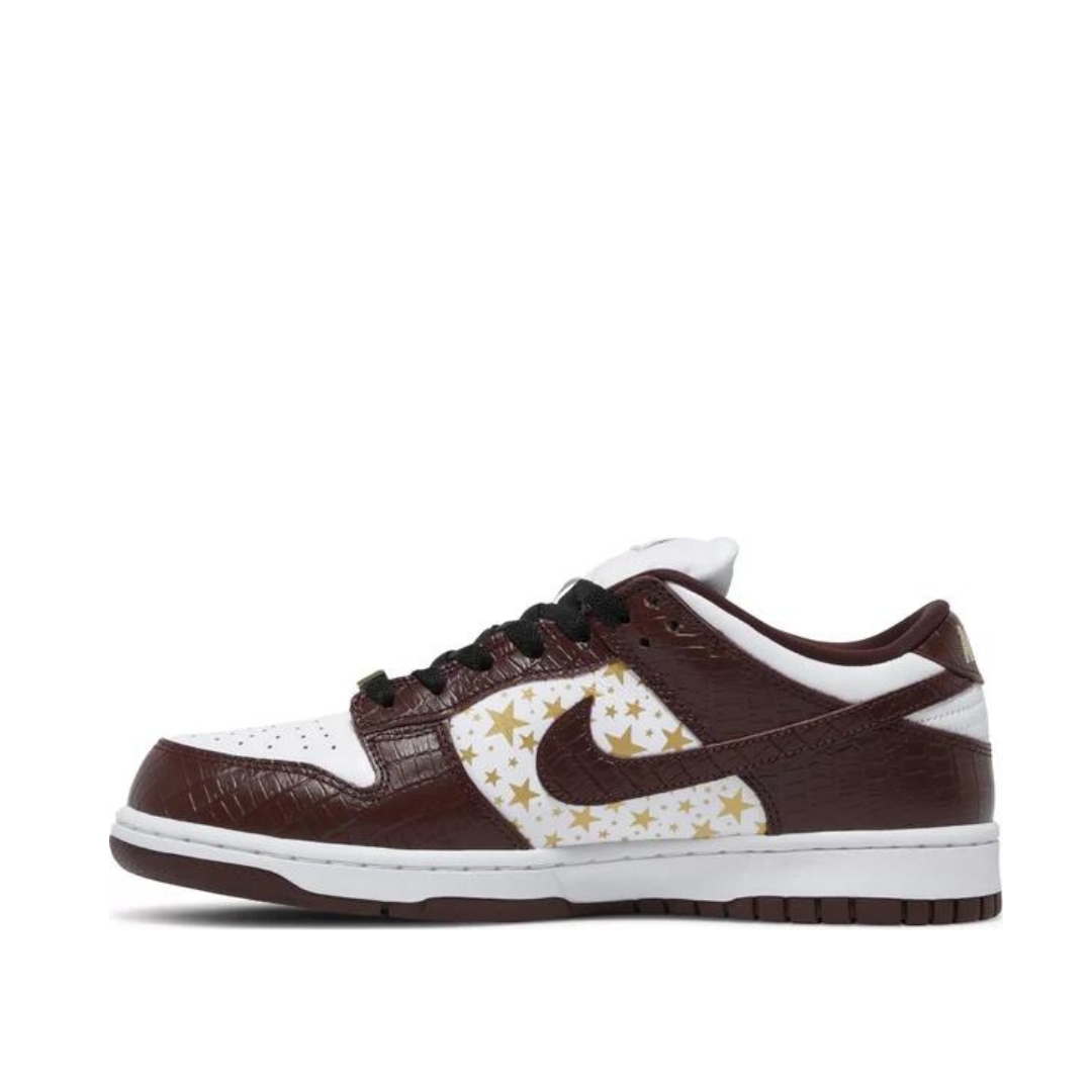 side view of Supreme x Dunk Low OG SB QS 'Barkroot Brown'; left pair