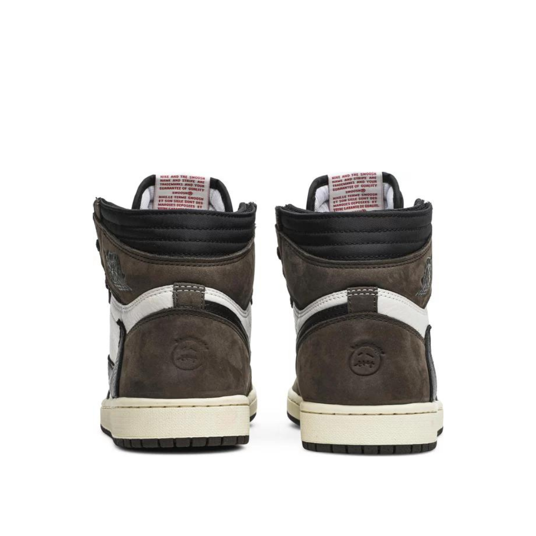 Back heel view of Travis Scott x Air Jordan 1 Retro High OG Mocha