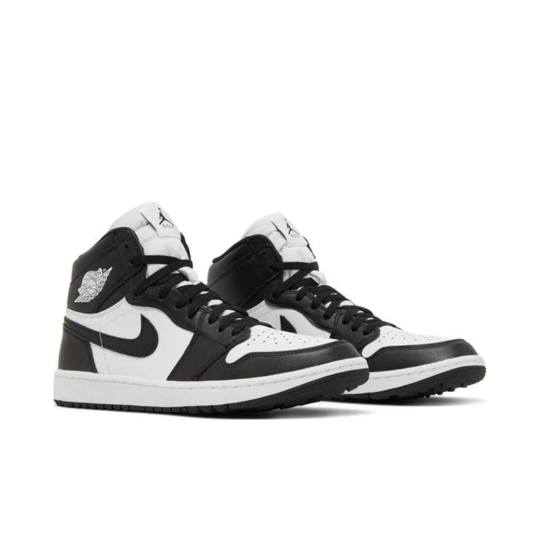 Angled view of Air Jordan 1 High Golf 'Panda'