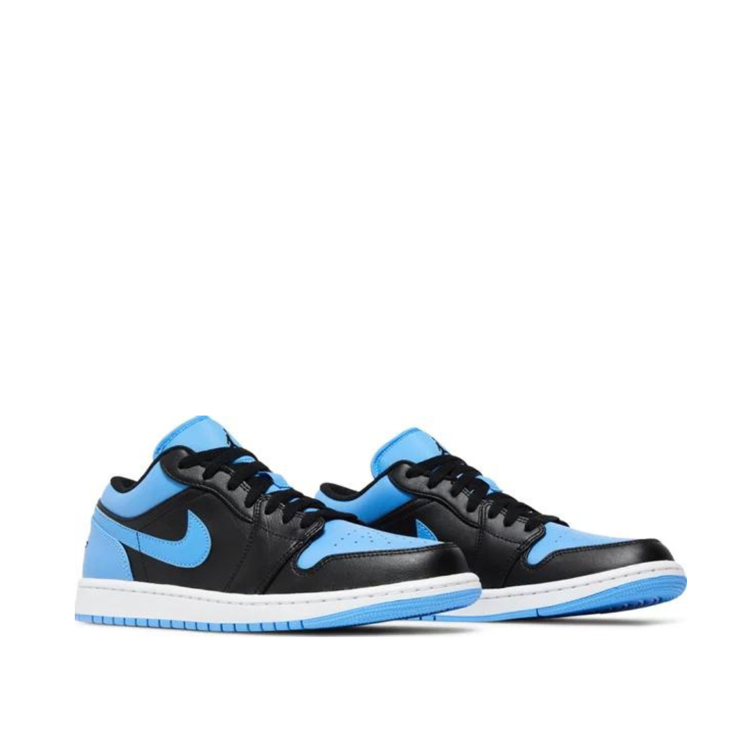 Angled view of Air Jordan 1 Low University Blue