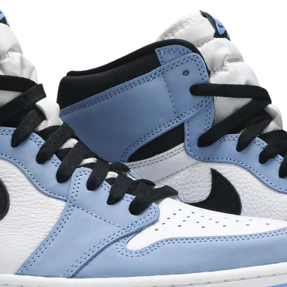 Closeup view of Air Jordan 1 High University Blue