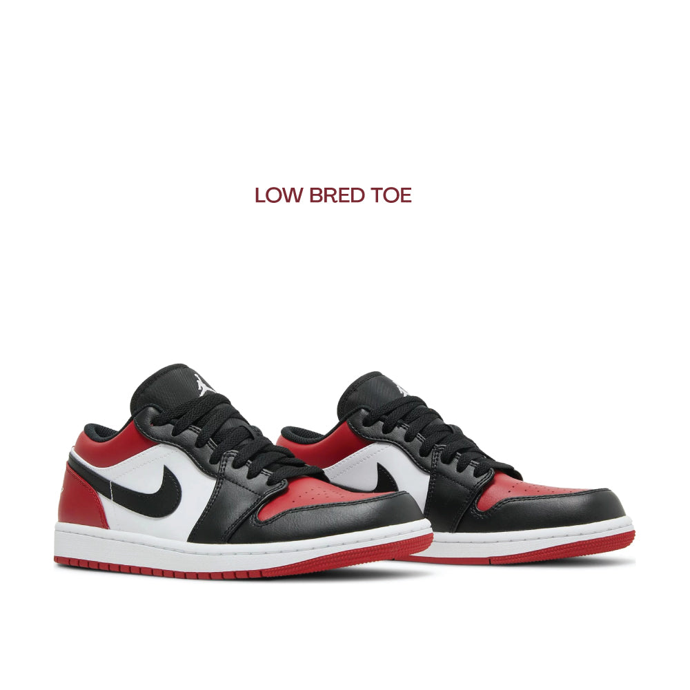Angled view of Air Jordan 1 Low OG Bred Toe