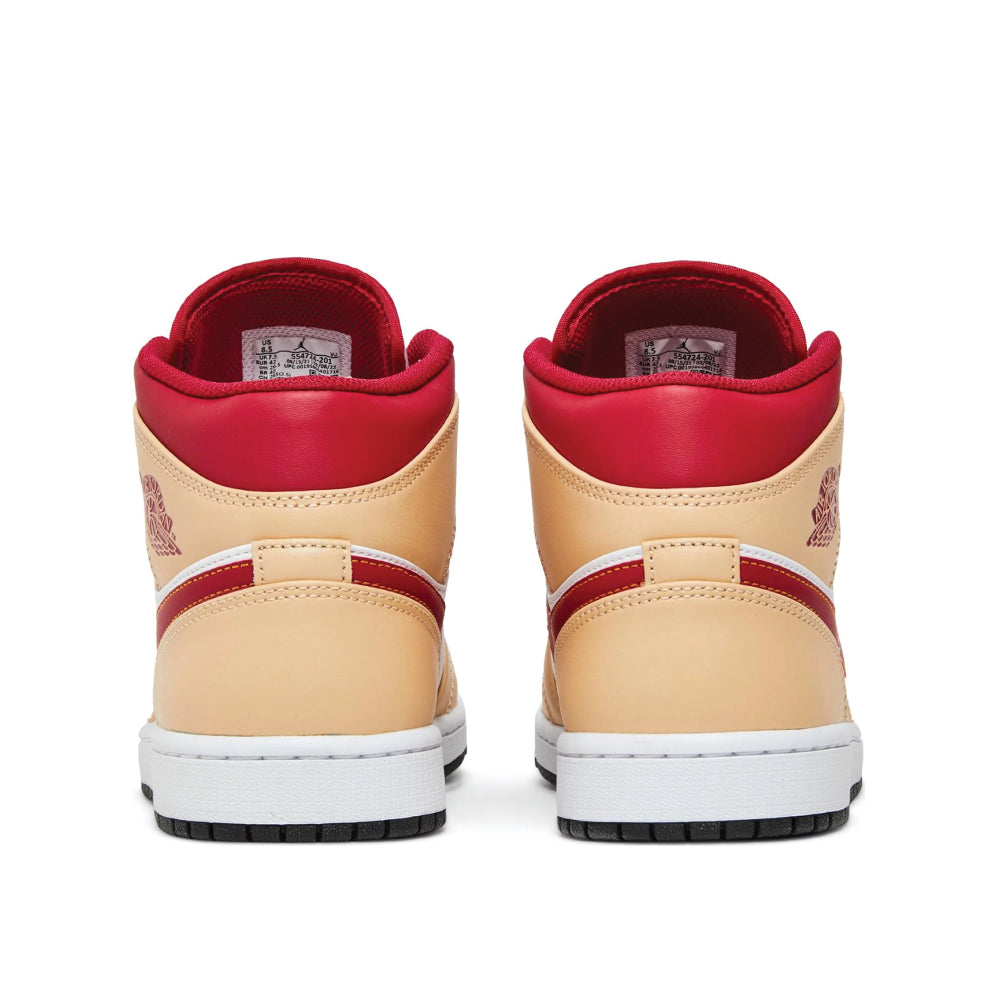 Back heel view of Air Jordan 1 Mid Cardinal Red Curry