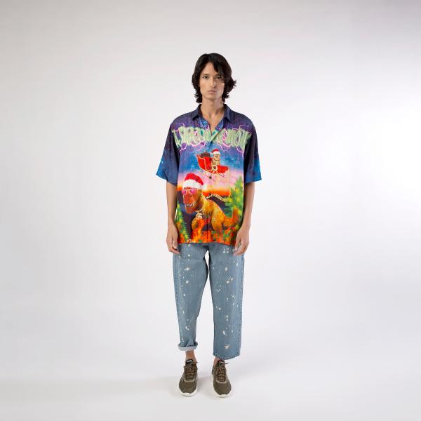 Male model wearing A Skating Monk Cats Fly On Christmas Shirt