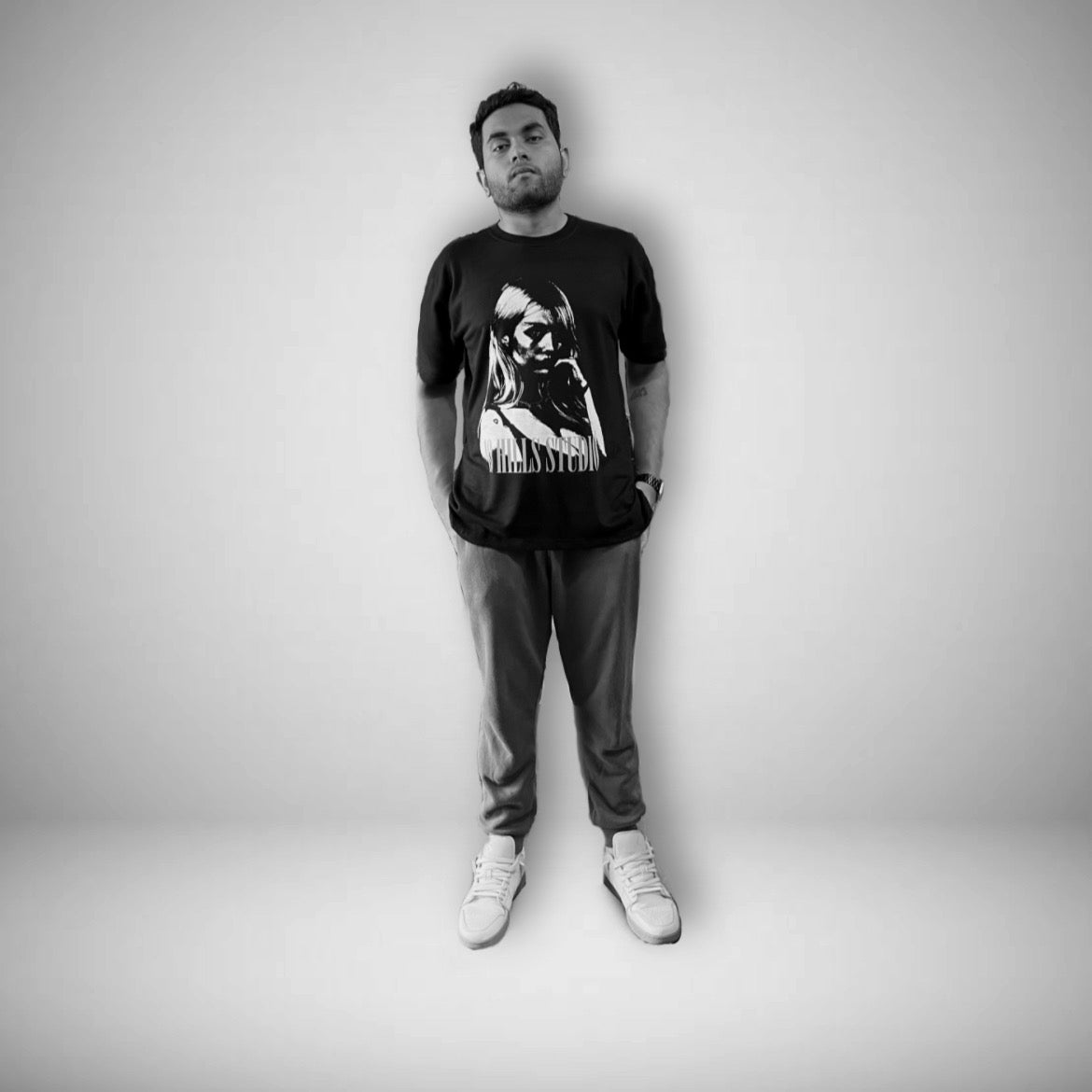 Front view of Male Model wearing 10 Hills Studio Unisex 'Hot Girl' Boxy Black Tee