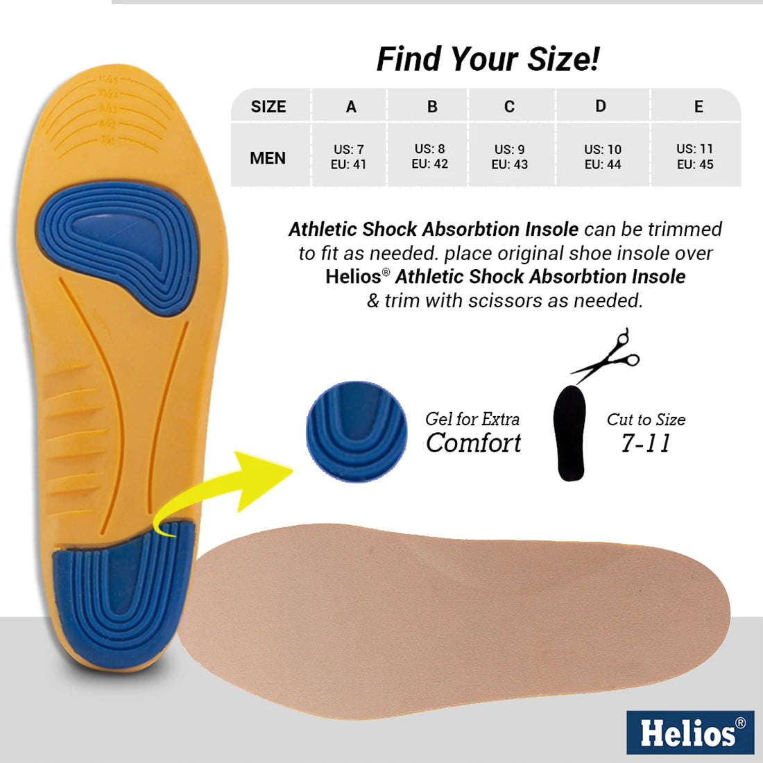 Helios Shock Absorption Insole For Men - Size 7-11 (Trim to Fit)