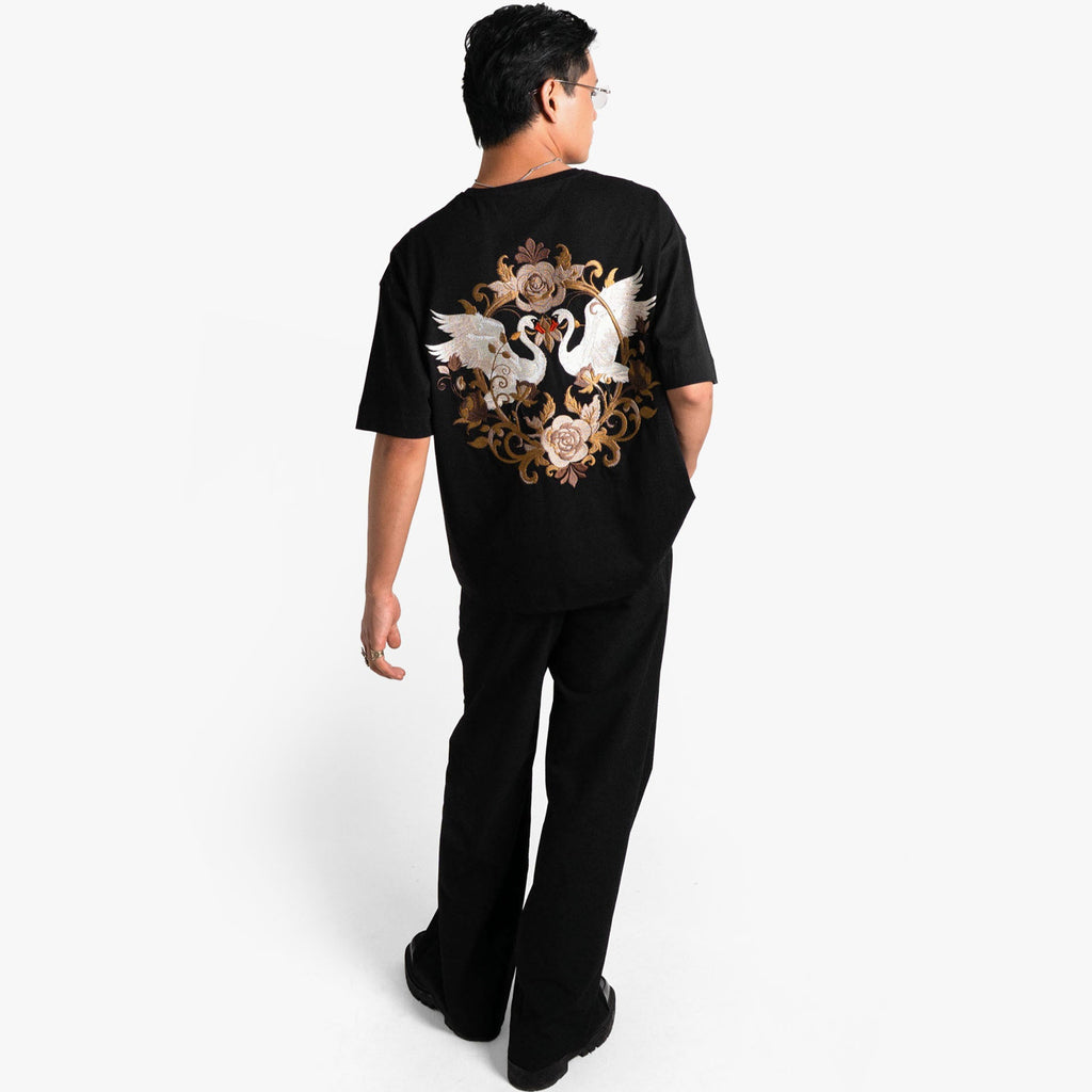 Khaaki Oversized T-Shirt Black Embroidered - The Swan Opera