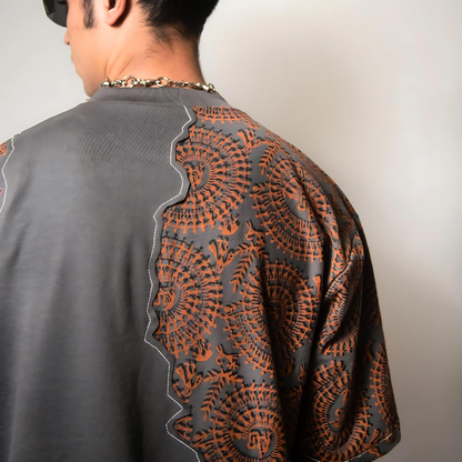 Back view of Farda Sunfest Blockprinted Grey T-Shirt