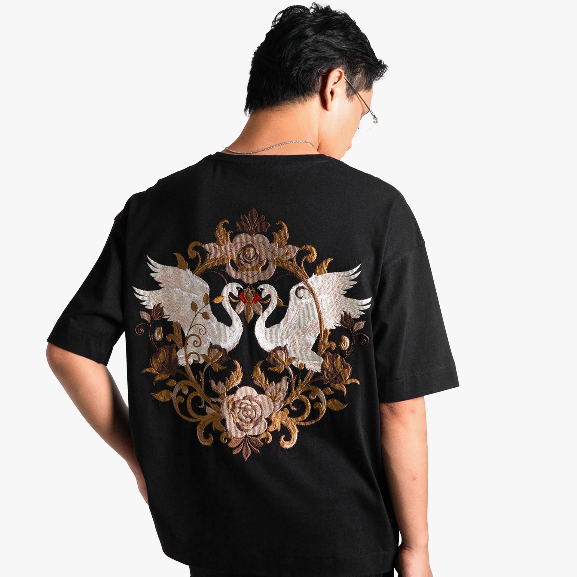 Khaaki Oversized T-Shirt Black Embroidered - The Swan Opera