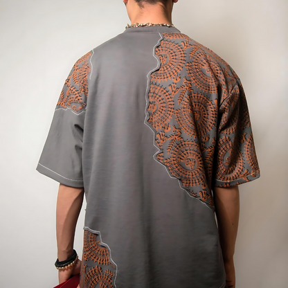 Back view of Farda Sunfest Blockprinted Grey T-Shirt