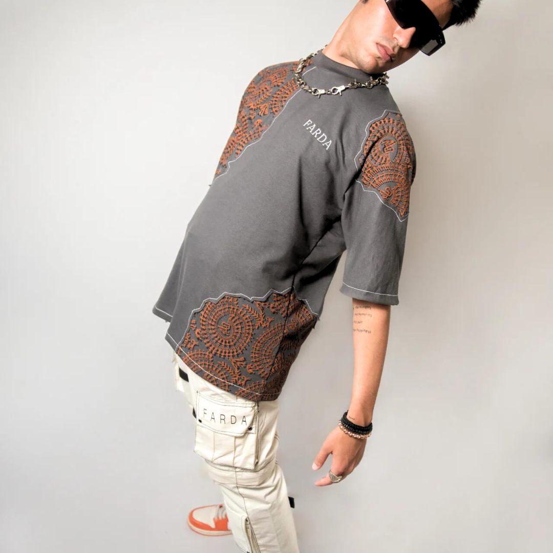 Farda Sunfest Blockprinted Grey T-Shirt