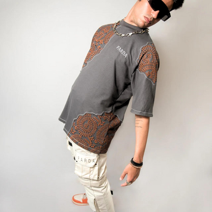 Side view of Farda Sunfest Blockprinted Grey T-Shirt