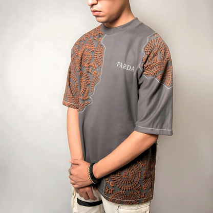 Angled view of Farda Sunfest Blockprinted Grey T-Shirt