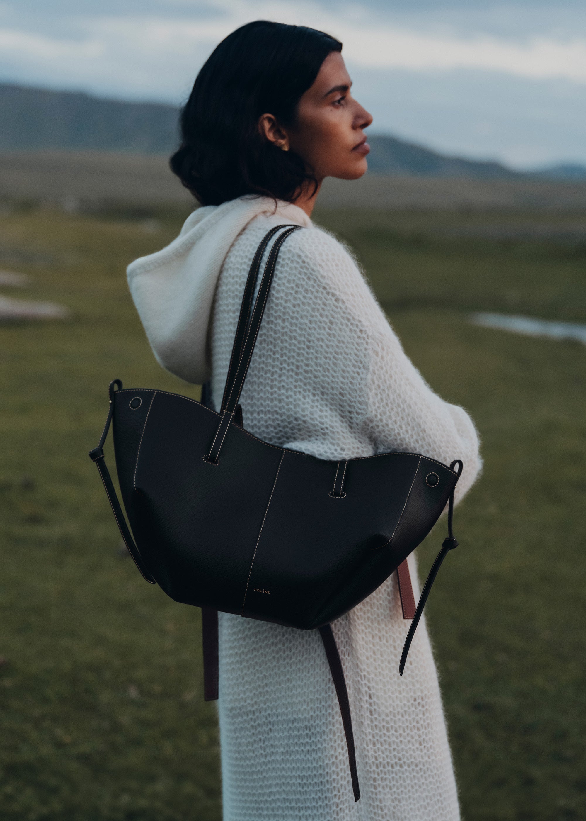 Polene Cyme Mini Edition Textured Bag - Black with Ecru Stitching