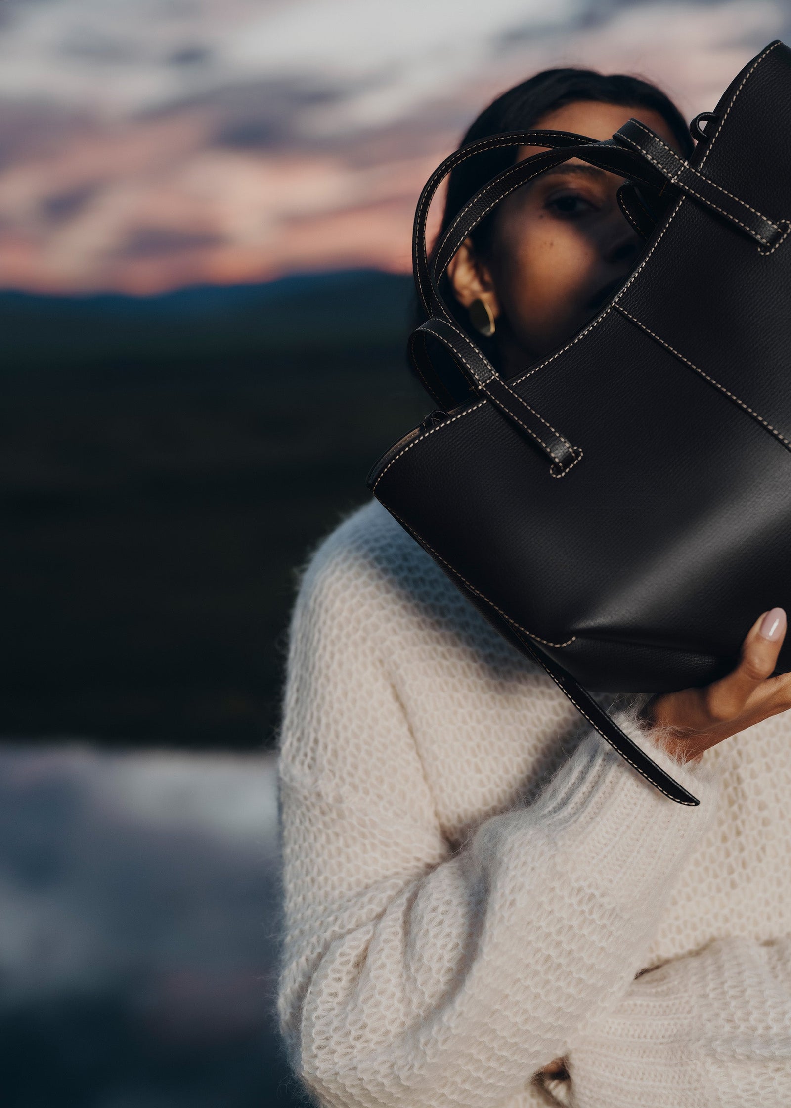 Polene Cyme Mini Edition Textured Bag - Black with Ecru Stitching