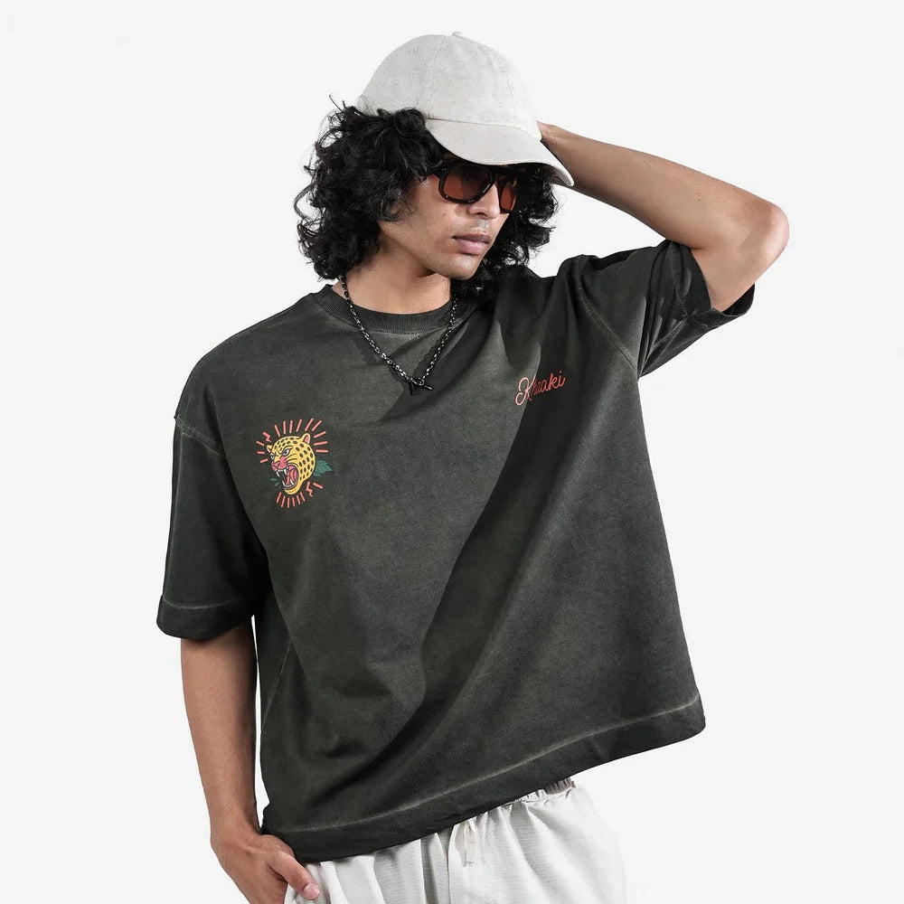 Khaaki Oversized T-Shirt Olive Pigment Washed - Wild Realm