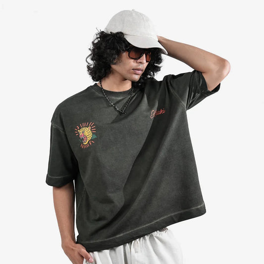 Khaaki Oversized T-shirt Olive Pigment Washed - Wild Realm