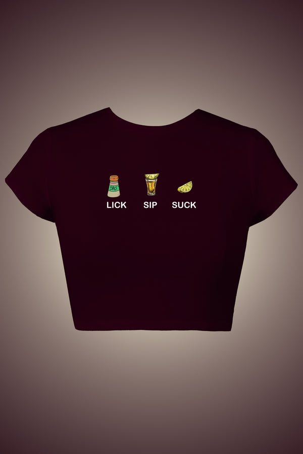 LYVN 'Lick! Sip! Suck!' Crop Top - Maroon - reference