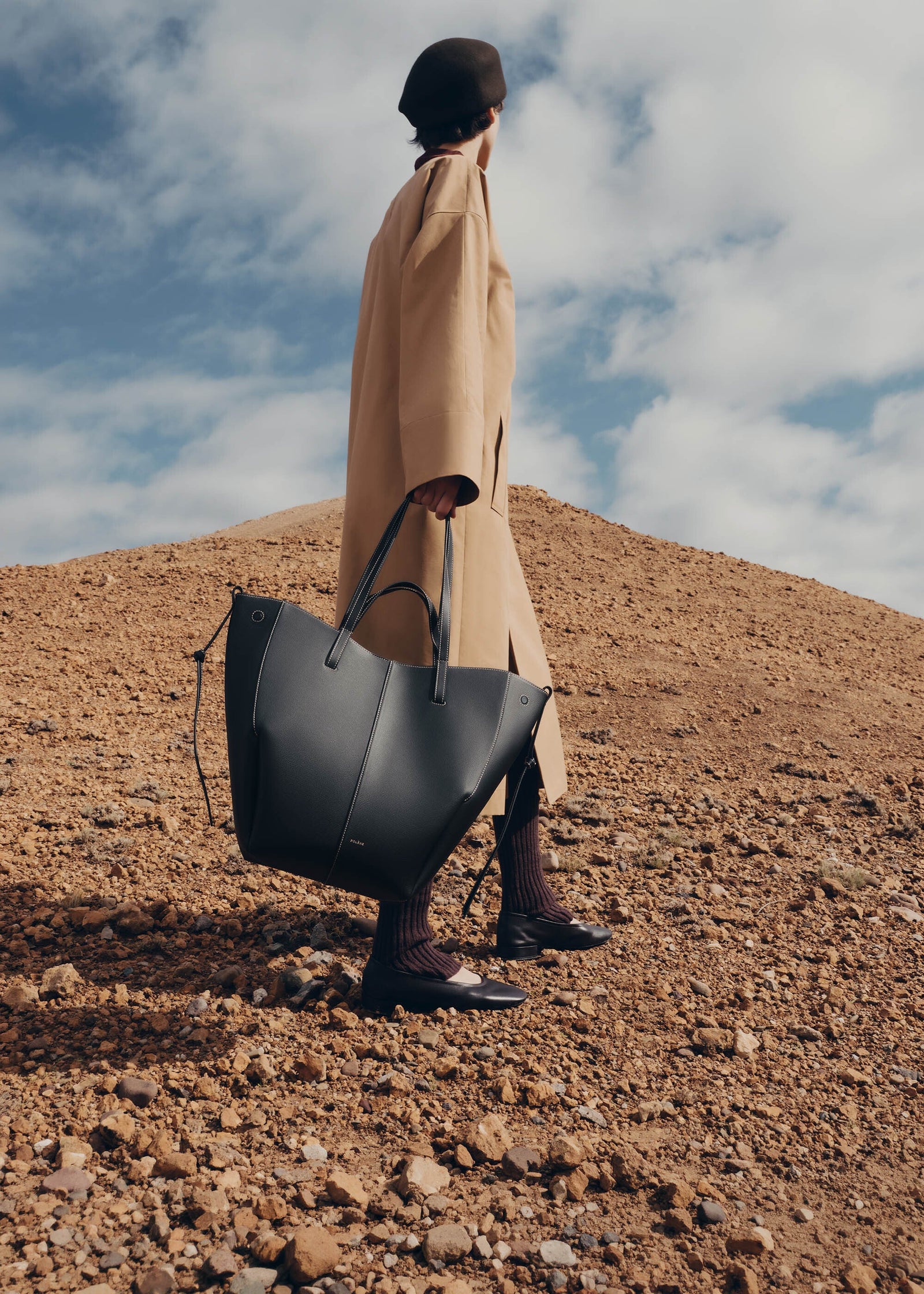 Polene Cyme Tote - Black with Ecru Stitching