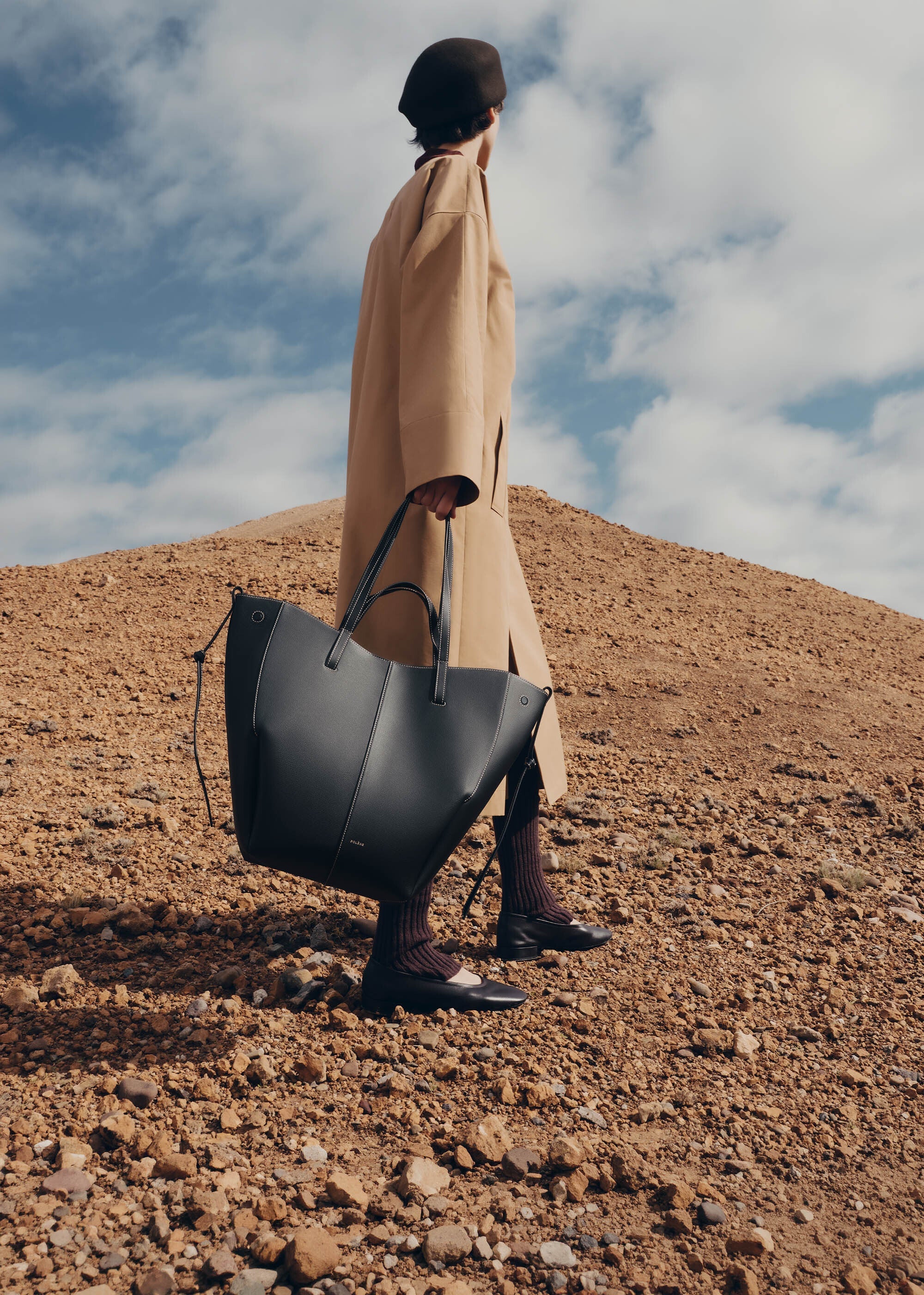 Polene Cyme Tote - Black with Ecru Stitching