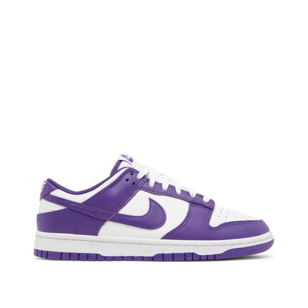 side view of Nike Dunk Low 'Championship Purple'; right pair - reference