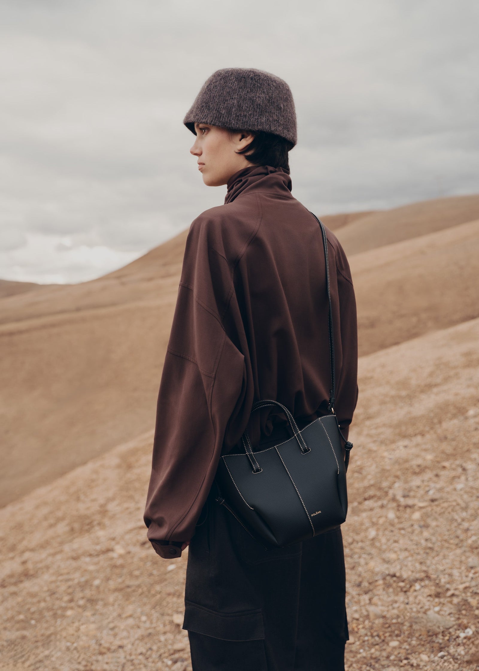 Polene Cyme Tote Nano - Black with Ecru Stitching
