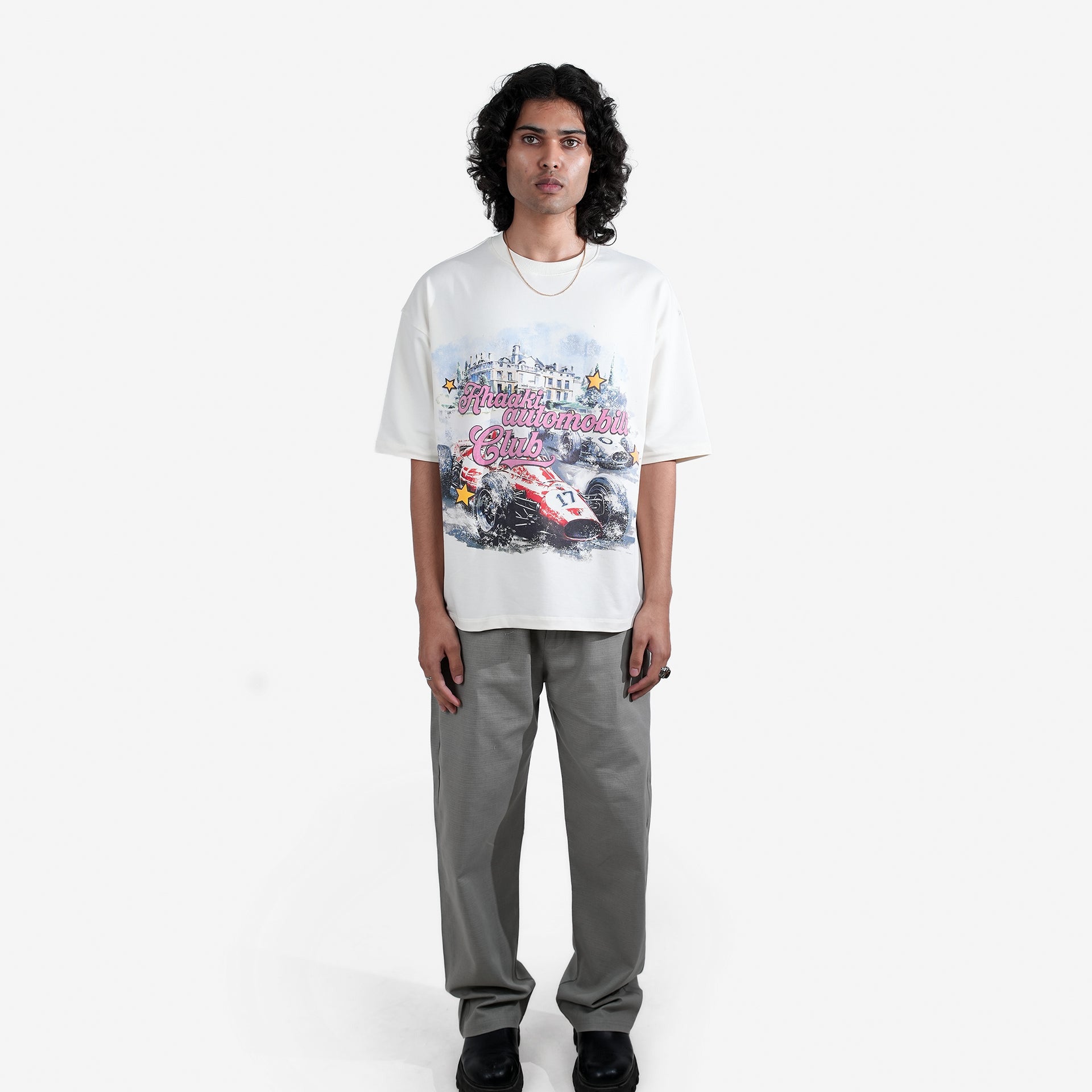 Khaaki Oversized T-Shirt Off-White Flock Printed - The Automobili Club