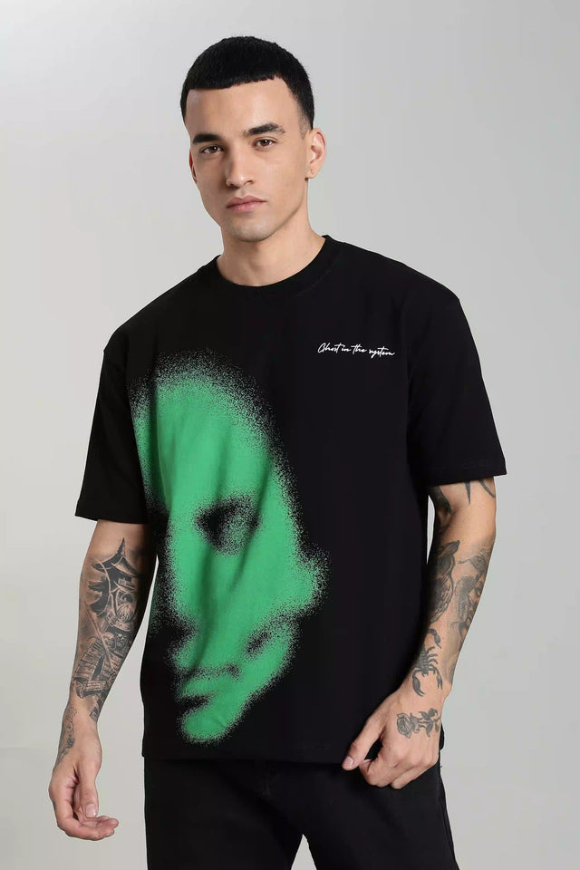 LYVN Oversized T-Shirt Black - Green Abstract Face
