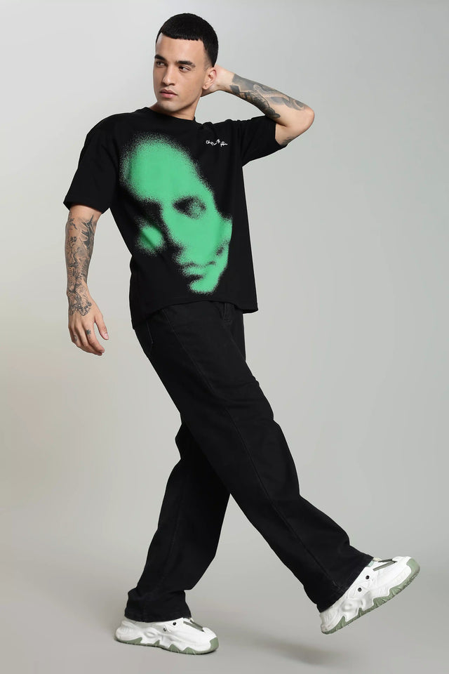 LYVN Oversized T-Shirt Black - Green Abstract Face