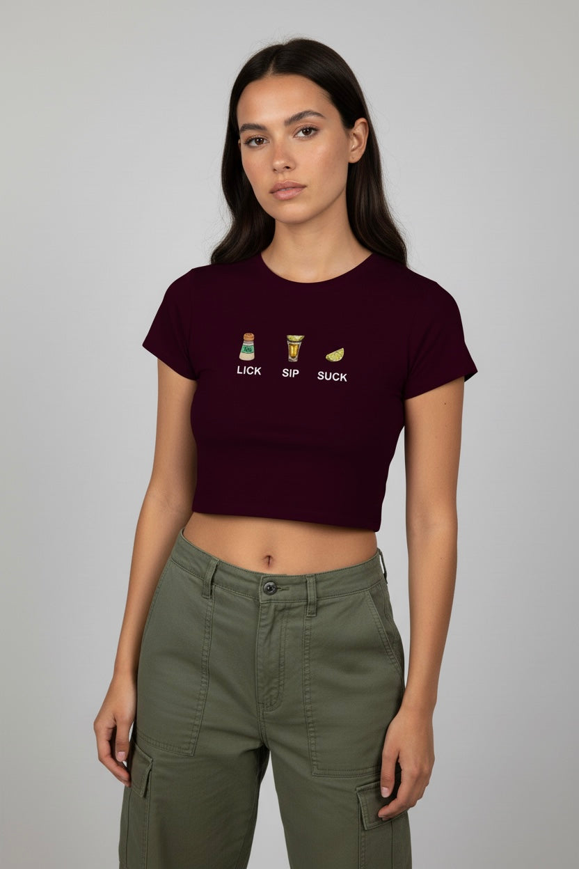 LYVN 'Lick! Sip! Suck!' Crop Top - Maroon