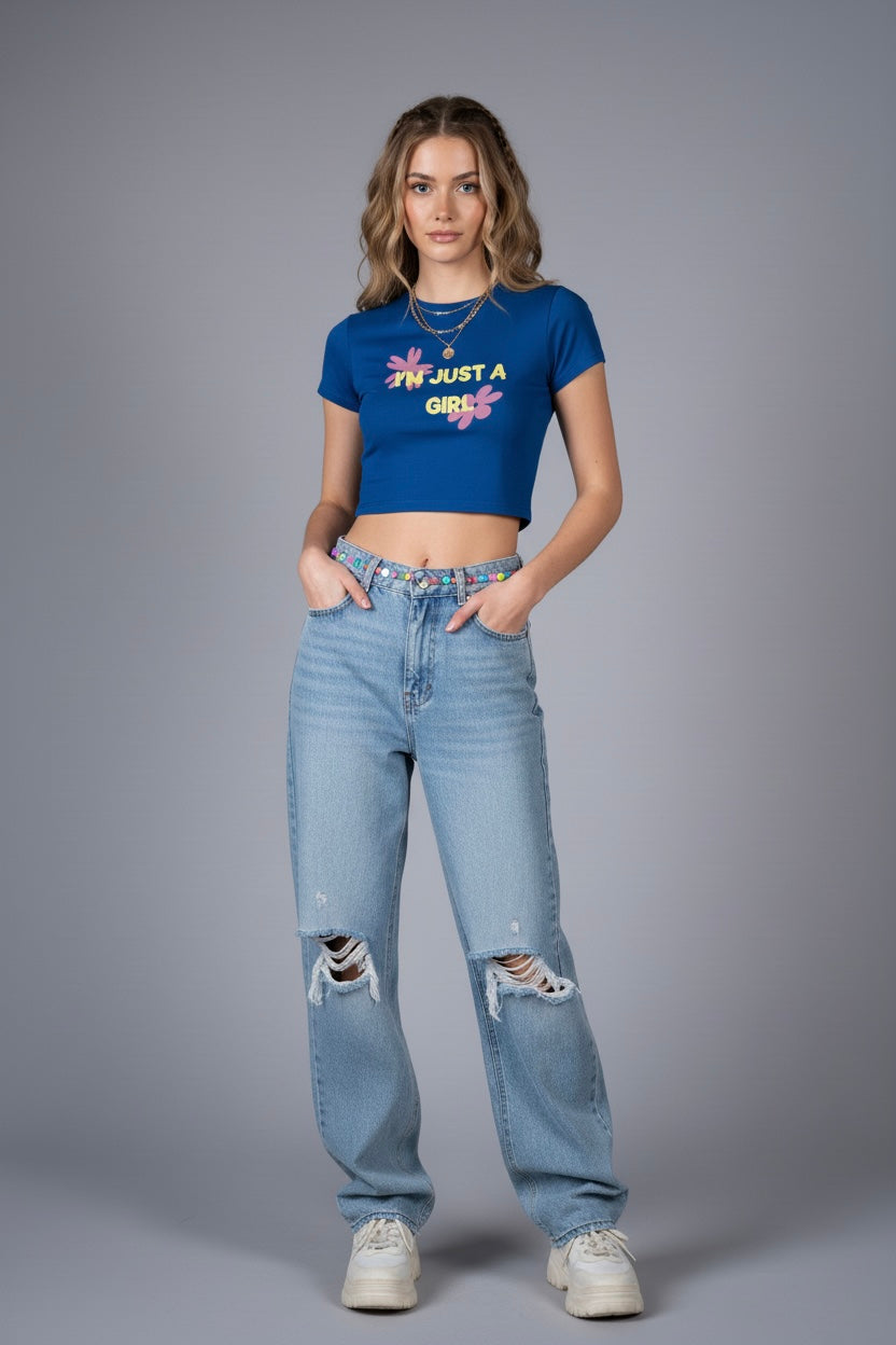 LYVN 'I'm Just A Girl' Crop Top - Blue