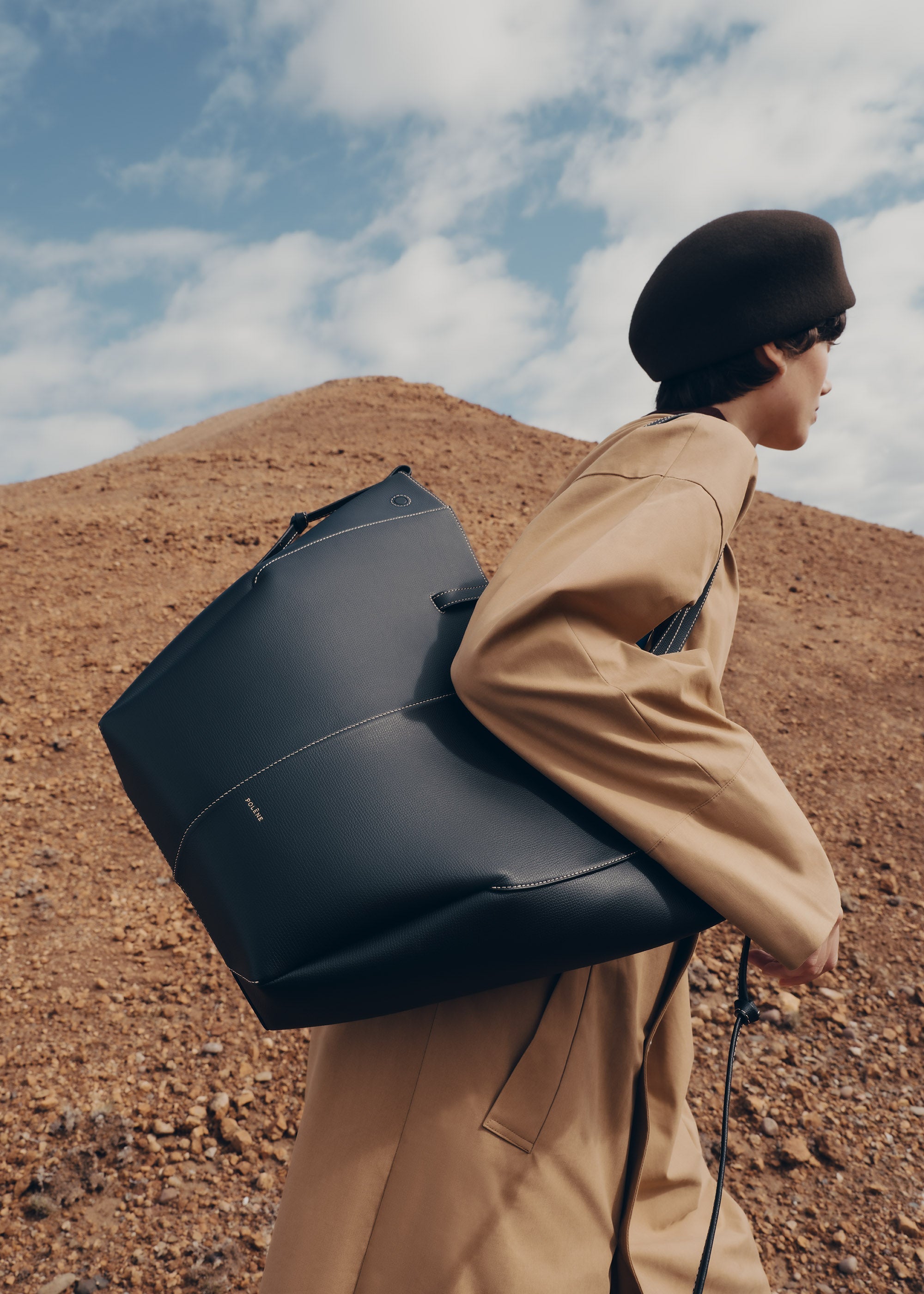 Polene Cyme Tote - Black with Ecru Stitching