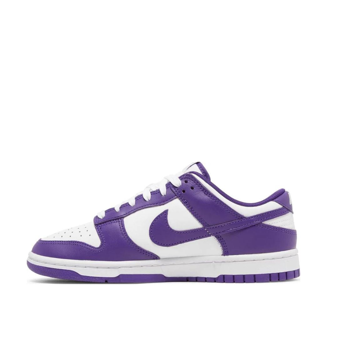 side view of Nike Dunk Low 'Championship Purple'; left pair