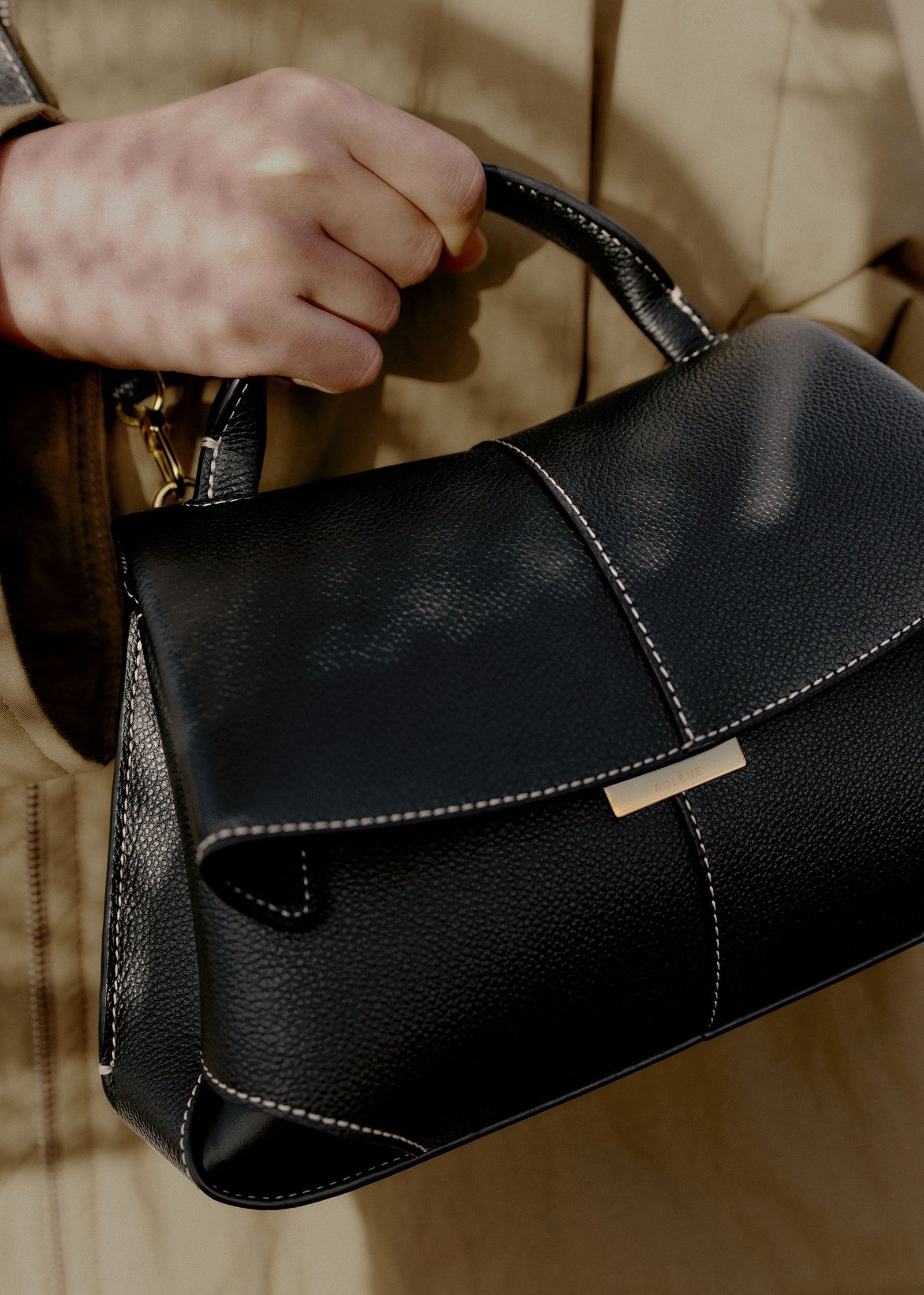Polene Mokki Mini - Black with Ecru Stitching