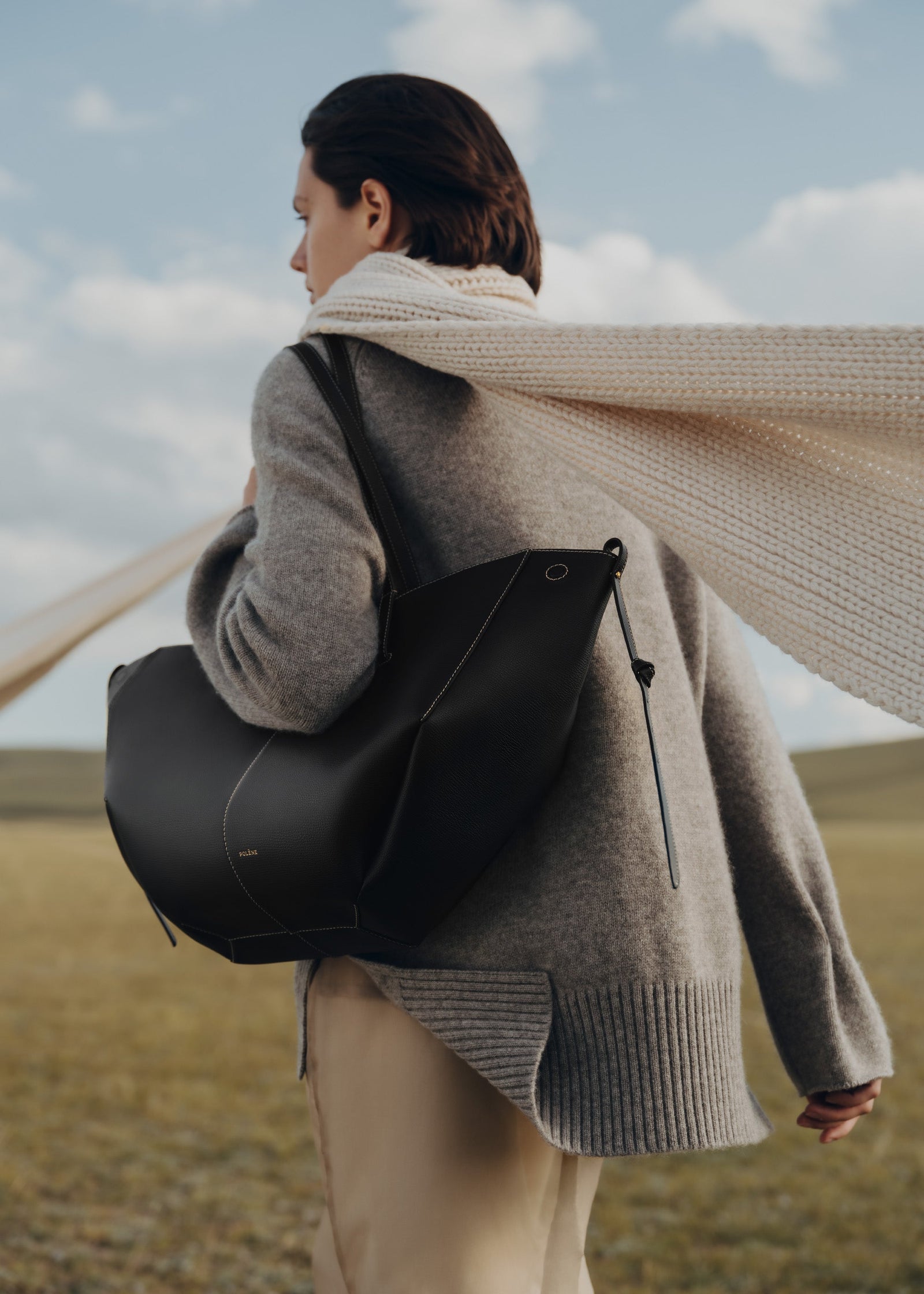 Polene Cyme Edition Textured Bag - Black with Ecru Stitching