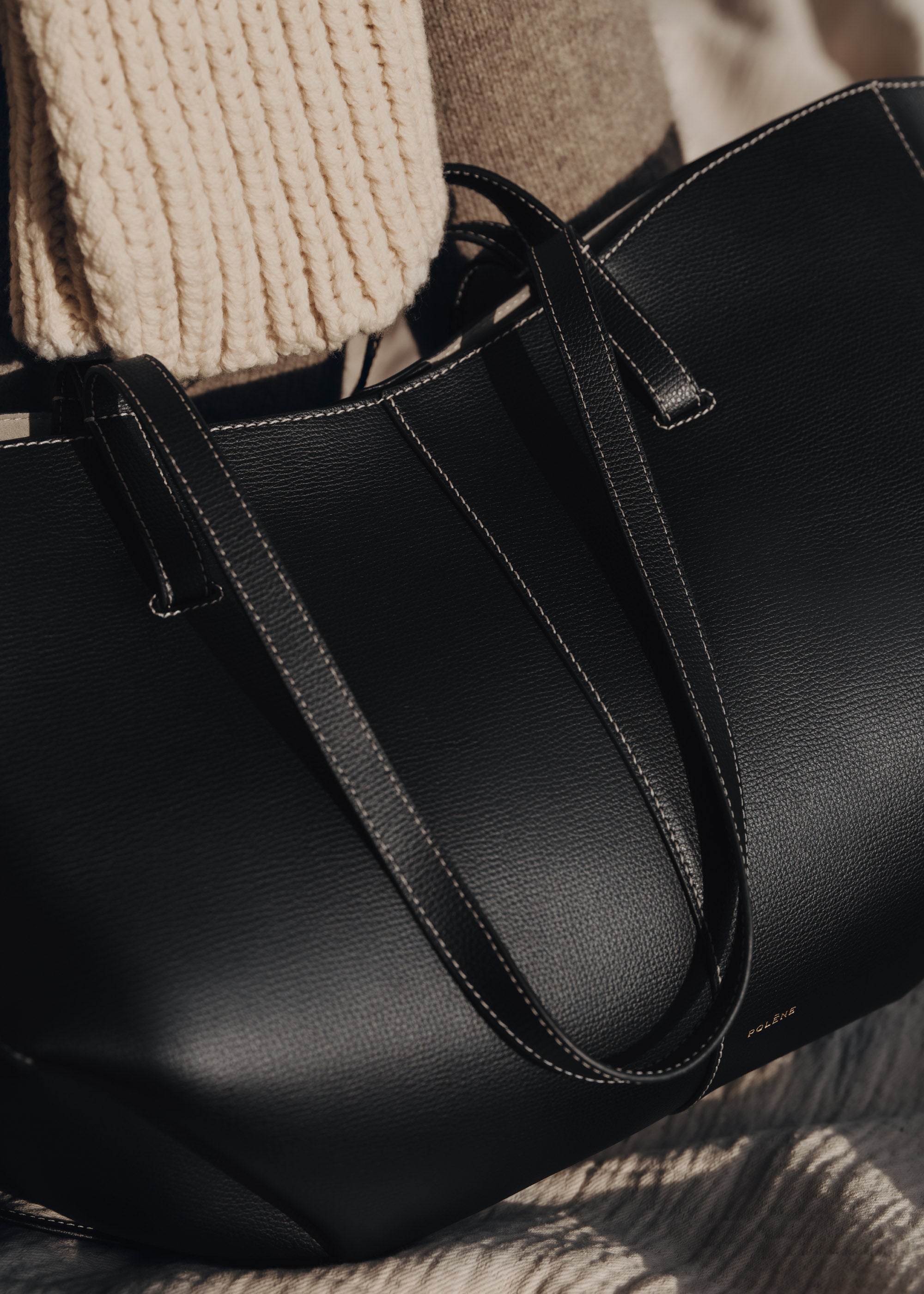 Polene Cyme Edition Textured Bag - Black with Ecru Stitching