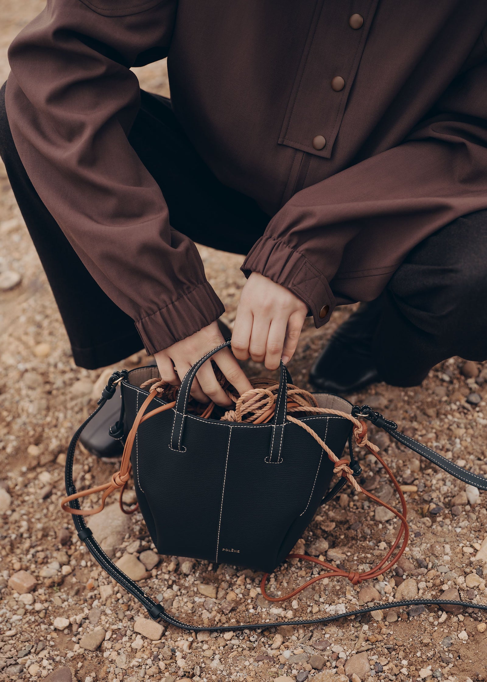 Polene Cyme Tote Nano - Black with Ecru Stitching