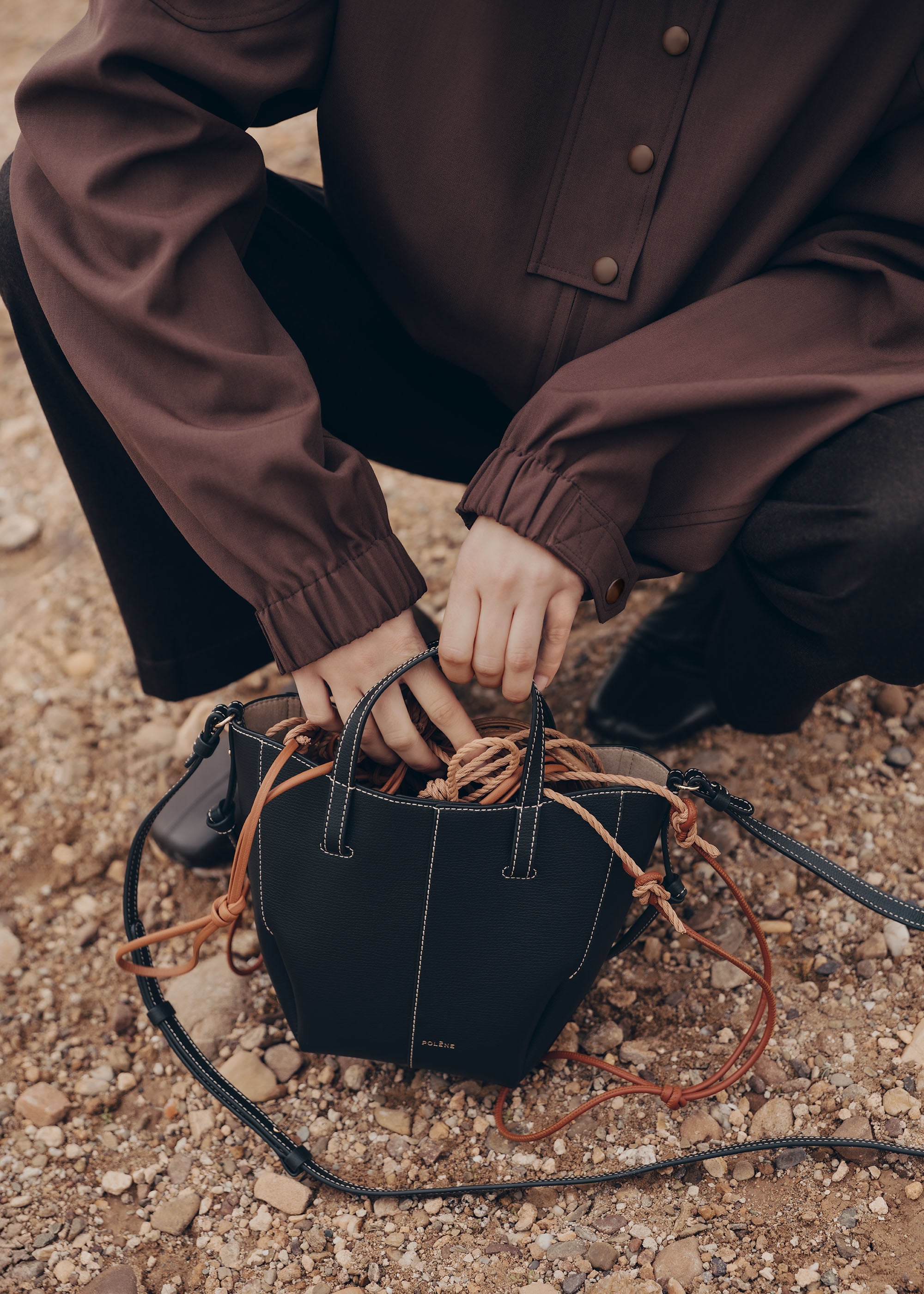 Polene Cyme Tote Nano - Black with Ecru Stitching