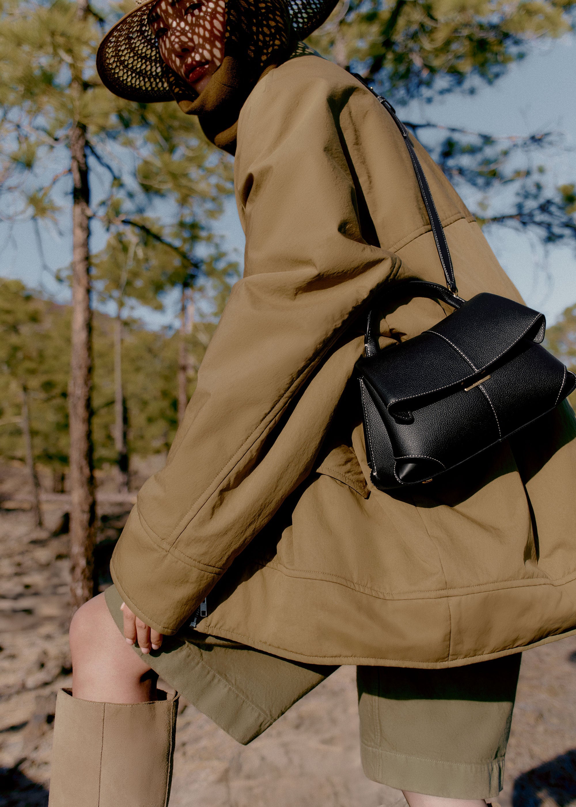 Polene Mokki Mini - Black with Ecru Stitching