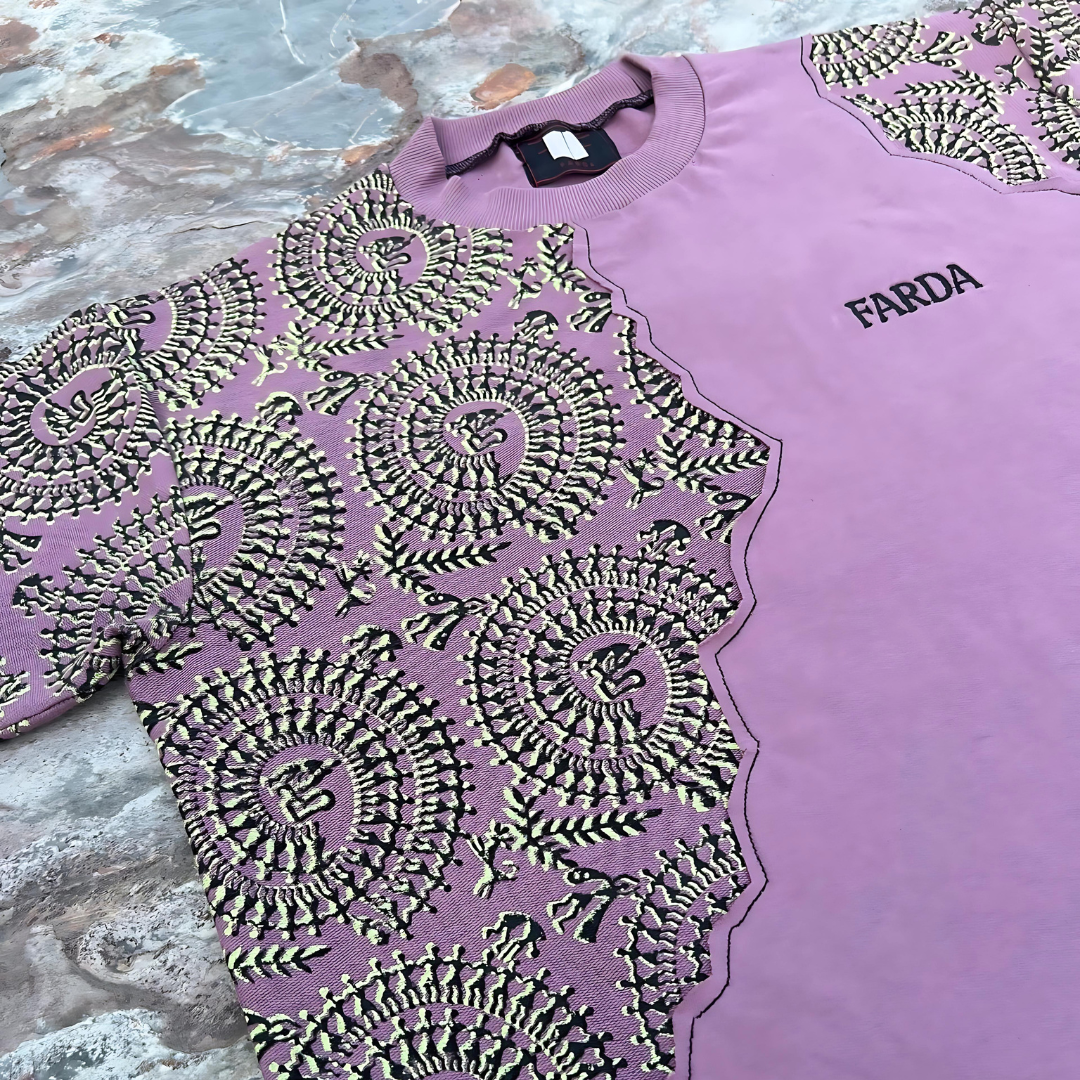 Closeup view of Farda Dawnfest Pink Blockprinted T-Shirt; left arm
