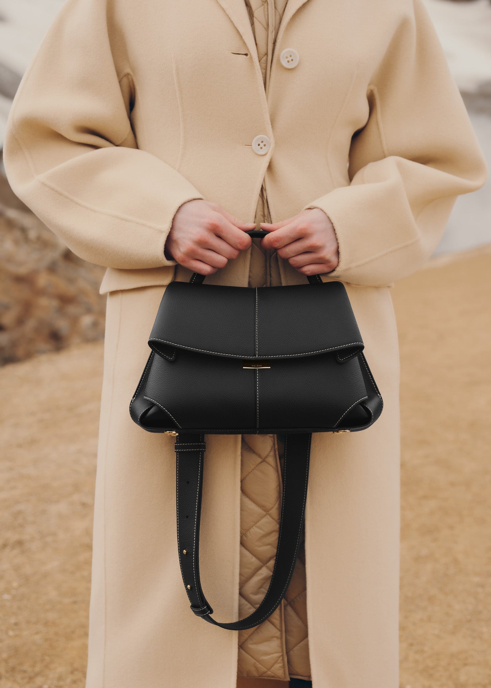 Polene Mokki - Black with Ecru Stitching