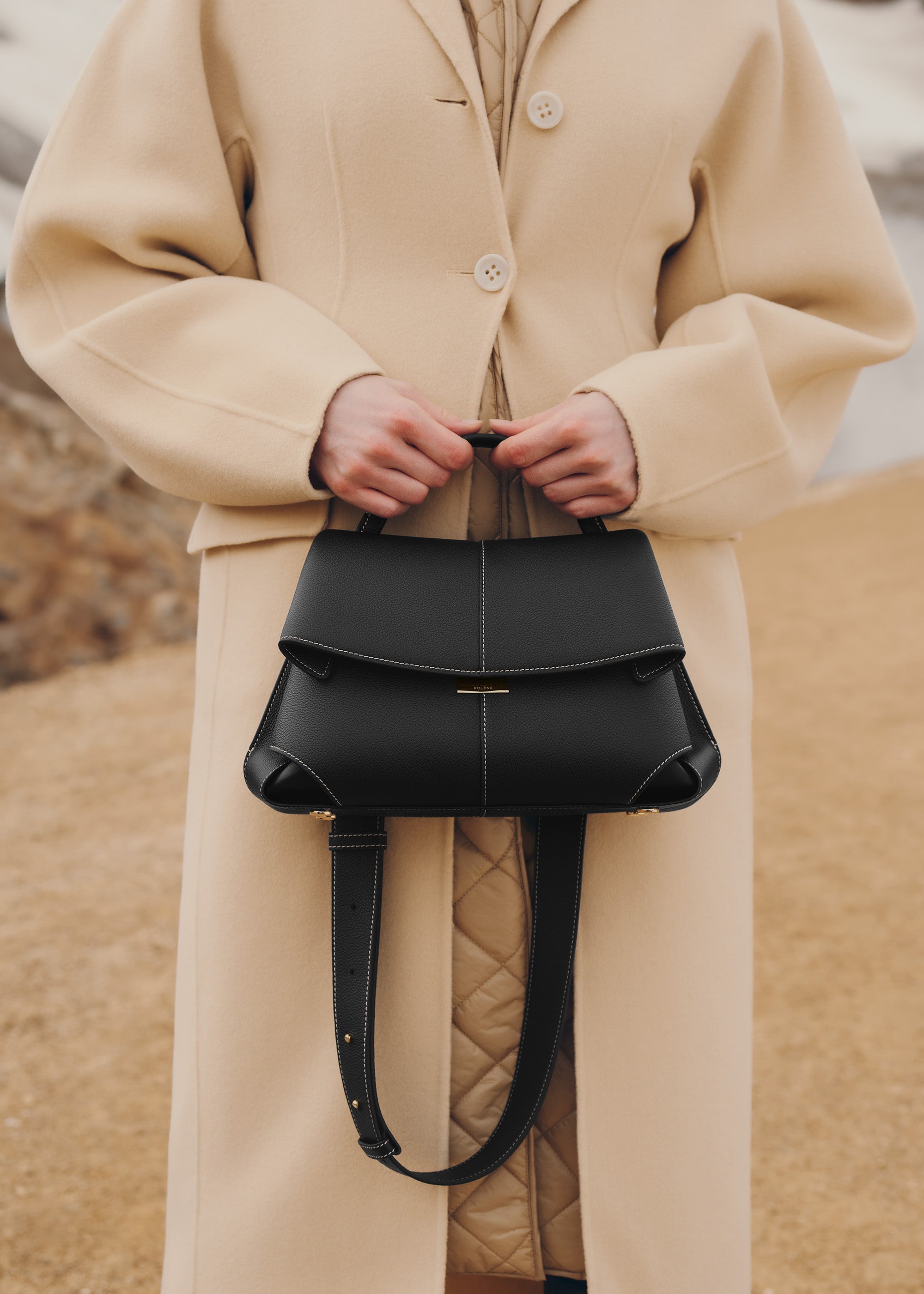 Polene Mokki - Black with Ecru Stitching
