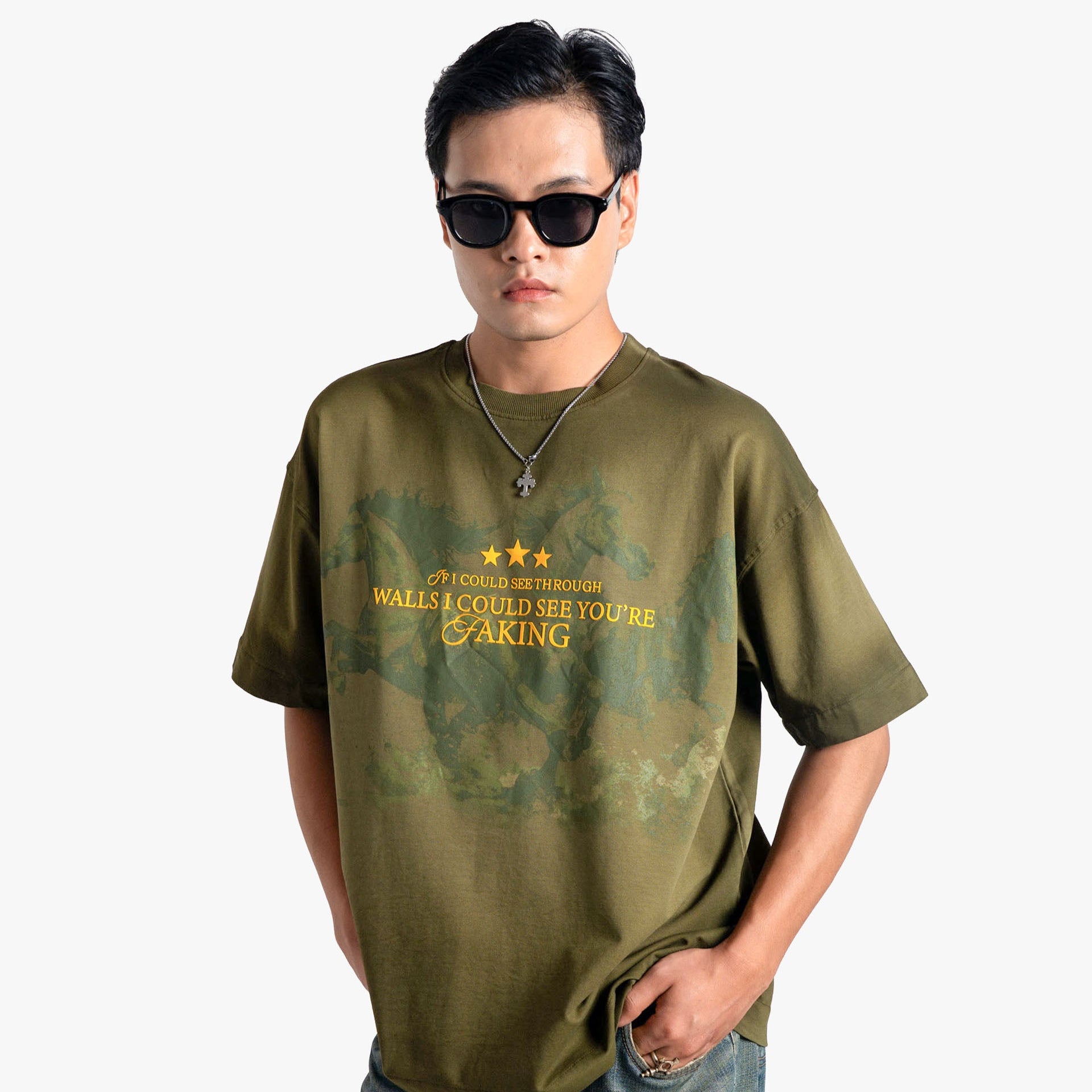 Khaaki Oversized T-shirt Olive Fade Wash - Faking Fades