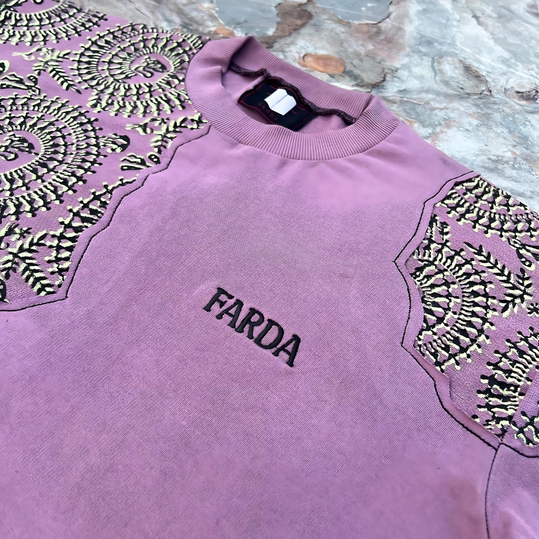 Chest view of Farda Dawnfest Pink Blockprinted T-Shirt