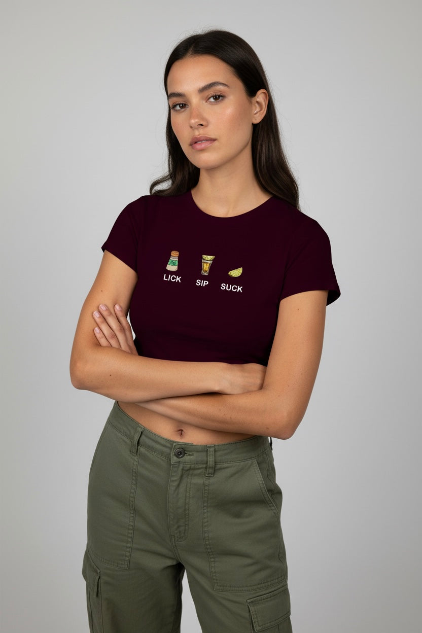 LYVN 'Lick! Sip! Suck!' Crop Top - Maroon