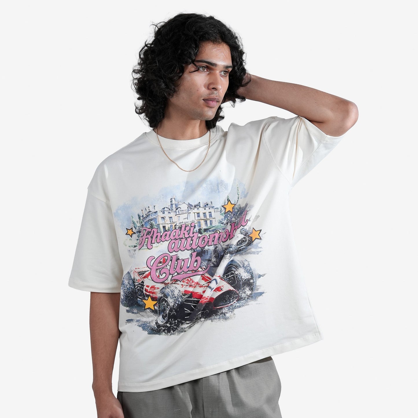 Khaaki Oversized T-shirt Off-White Flock Printed - The Automobili Club
