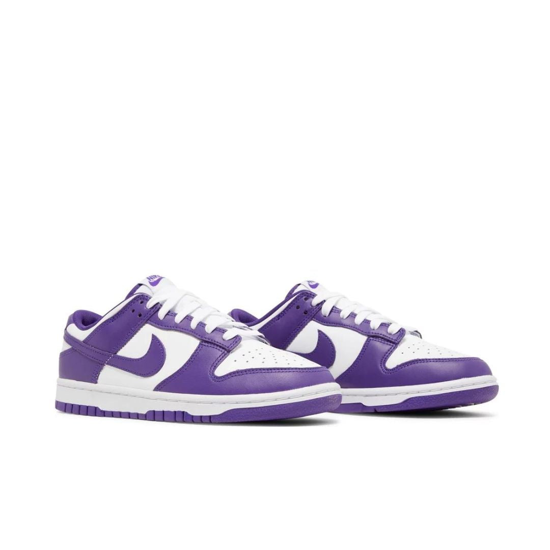 angled bottom view of Nike Dunk Low 'Championship Purple'
