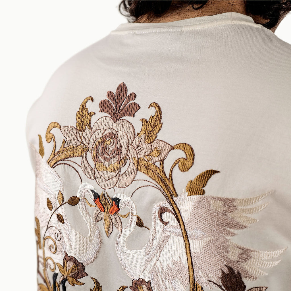 Khaaki Oversized T-shirt Off White Embroidered - The Swan Opera