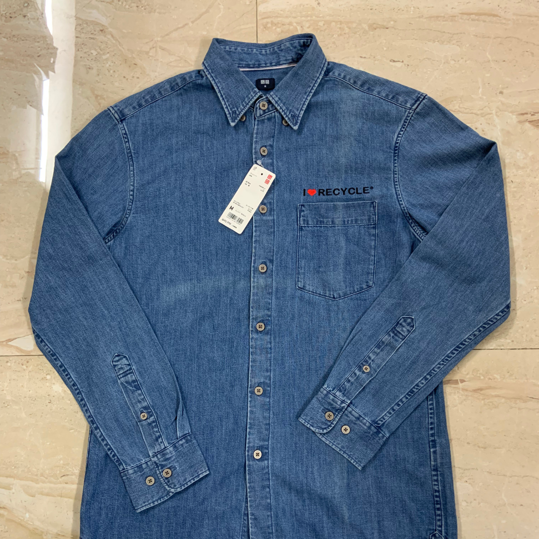 Uniqlo Blue Denim Shirt 'I Love Recycle'